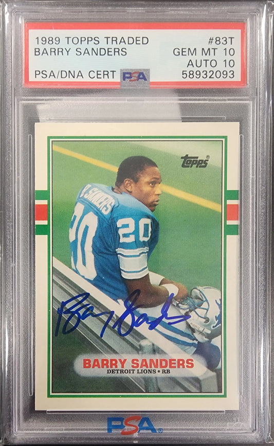 PSA graded autographed Barry Sanders 1989 Topps Traded #83T in protective case