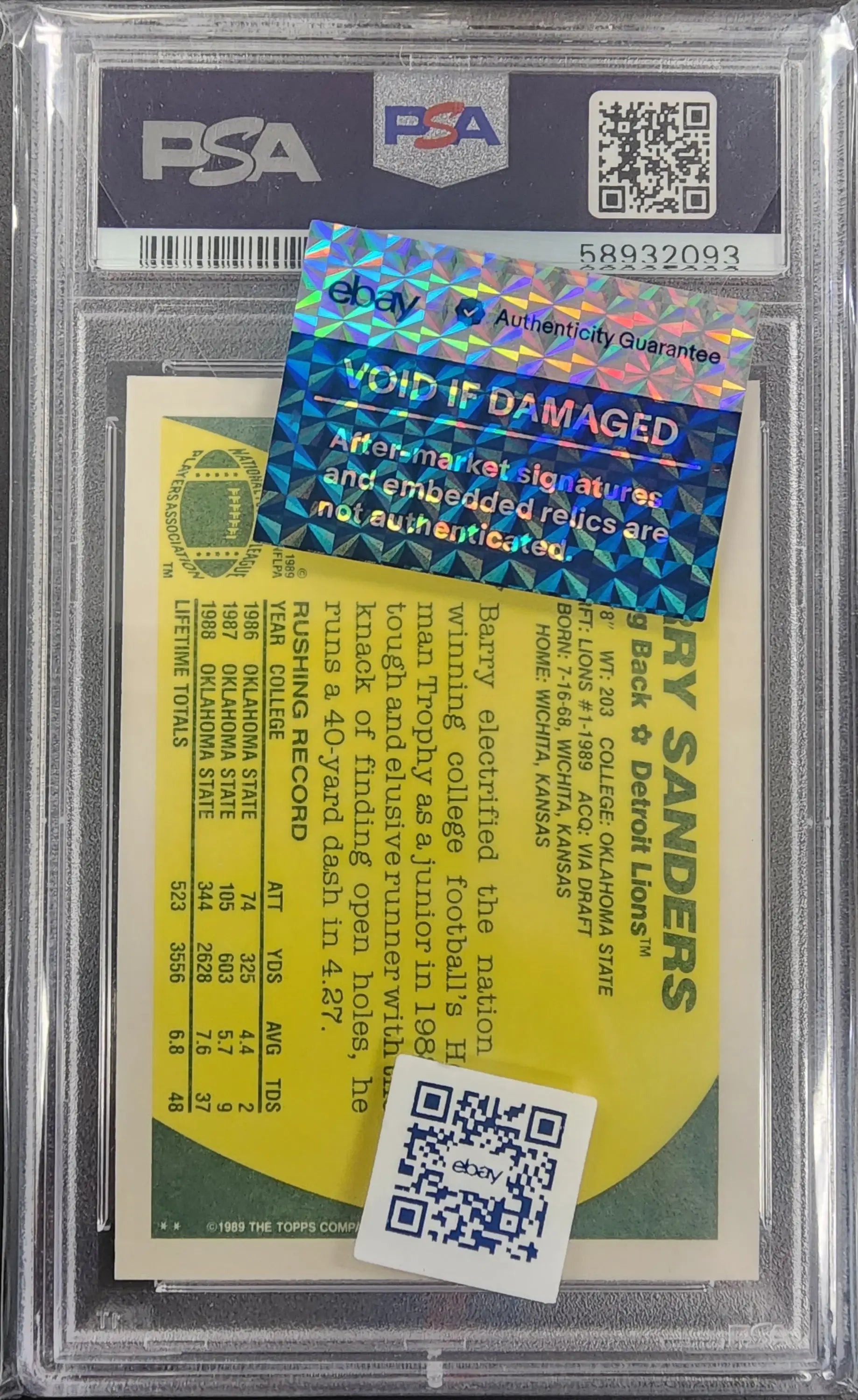 Barry Sanders 1989 Topps Traded #83T PSA 10 Auto 10 sports card with holographic backing