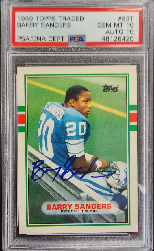 PSA-graded Barry Sanders 1989 Topps Traded Rookie #93T with autograph in protective case