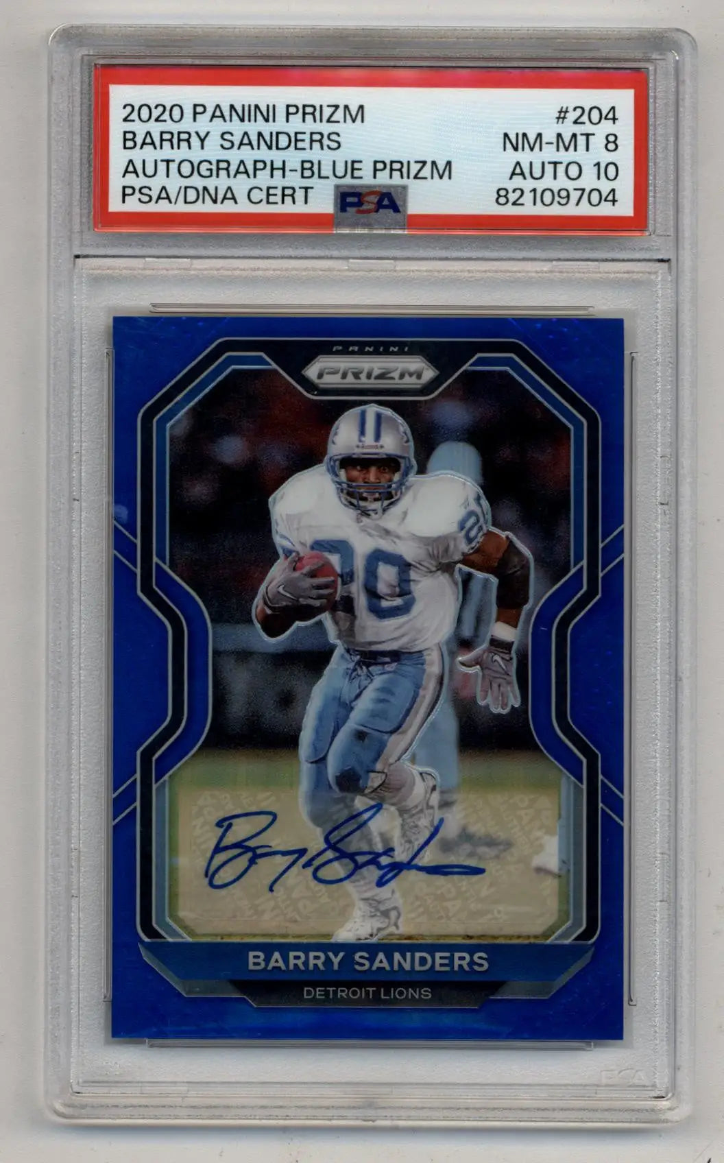 PSA-graded 2020 Panini Prizm Auto Blue Barry Sanders football card 07/10, Near Mint-Mint