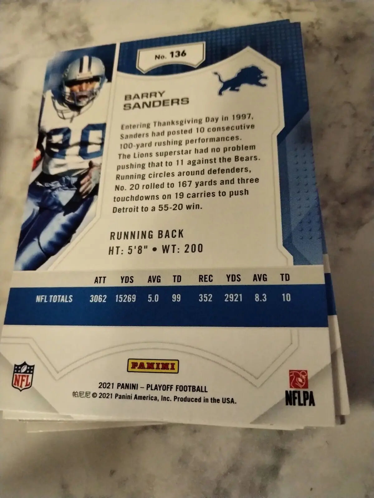 Barry Sanders 2021 Panini Playoff #136 trading card for Detroit Lions Hall of Fame