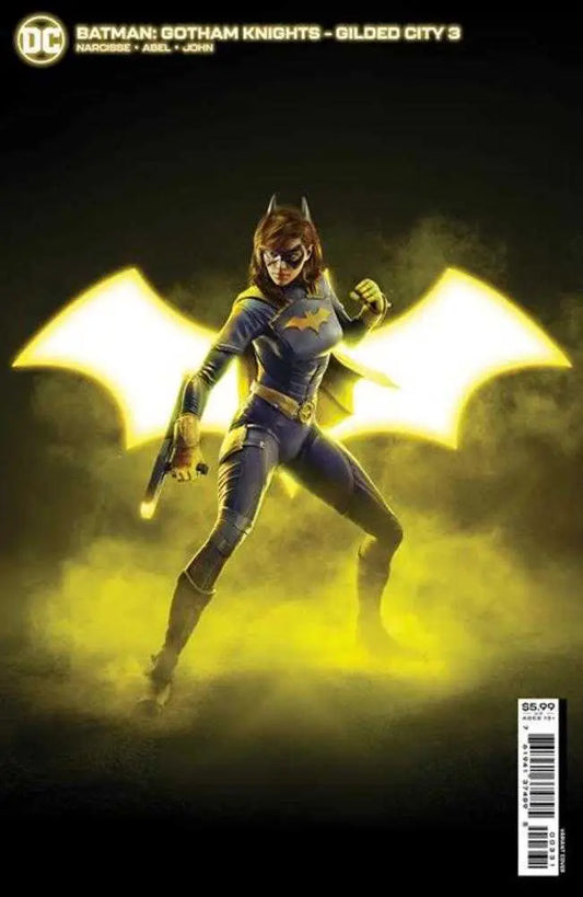 Batgirl in blue and gold costume stands heroically by glowing bat symbol in Gotham Knights