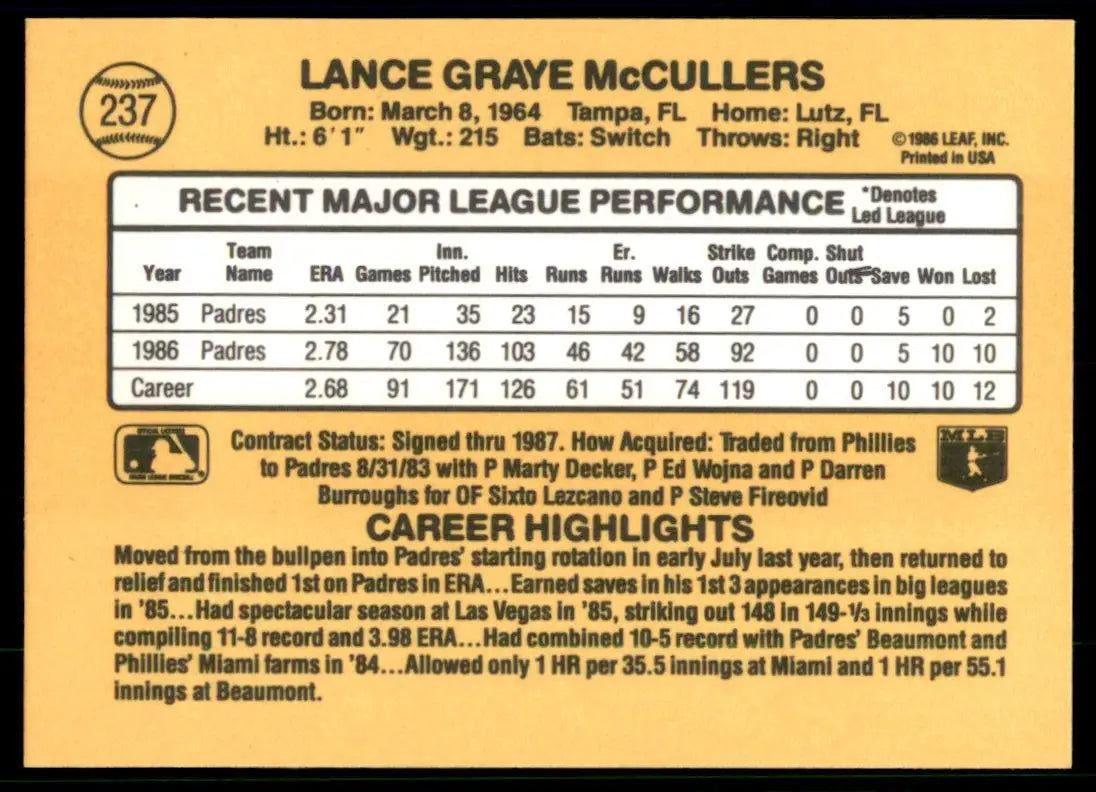 1987 Donruss Lance McCullers San Diego Padres #237