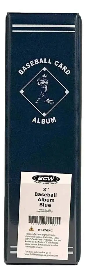 Navy blue baseball card album with player silhouette logo and protective pages for trading cards