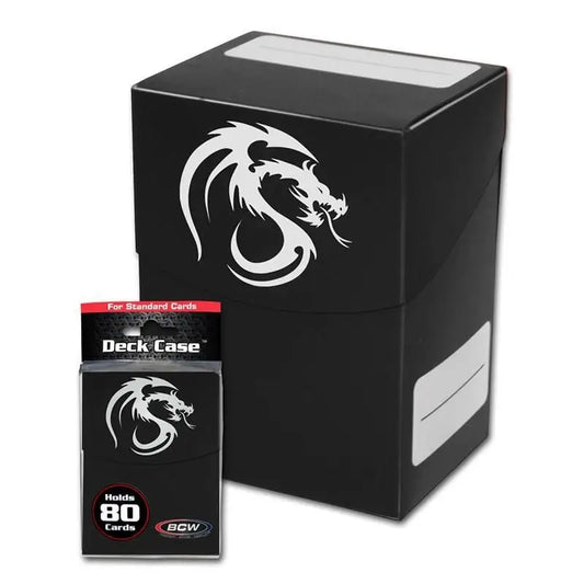 Black BCW deck case with white dragon logo, ideal for gaming cards and card storage