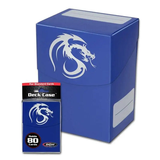 Blue BCW Deck Case featuring a white dragon design, perfect for gaming cards storage