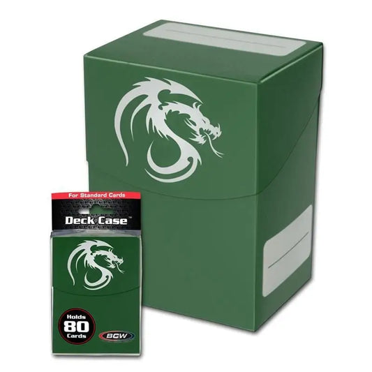 Green BCW deck case with a white dragon logo for gaming cards, holds 80 cards