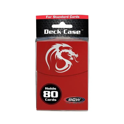 Red BCW Deck Case designed for gaming cards, featuring a white dragon logo and holds 80 cards