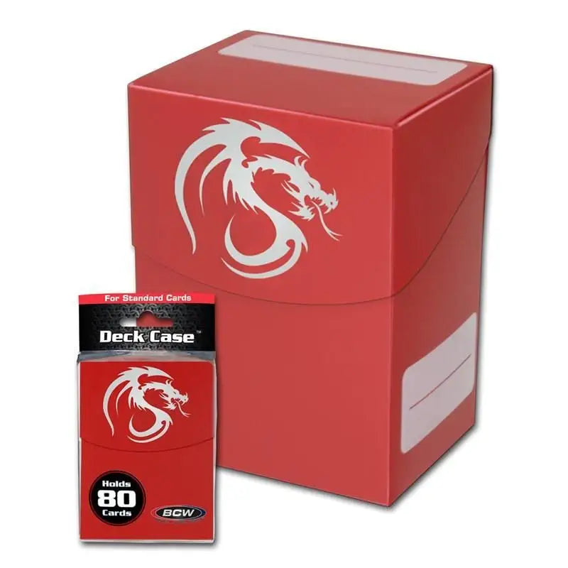 Red BCW Deck Case Plastic featuring a white dragon symbol, holding 80 gaming cards