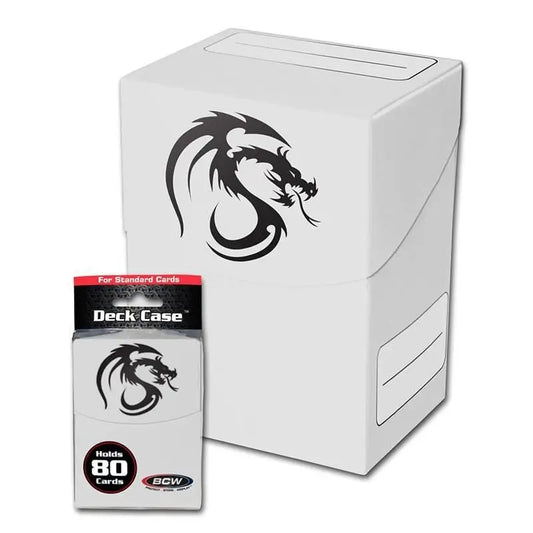 White BCW Deck Case with black dragon design for gaming cards, holds 80 cards