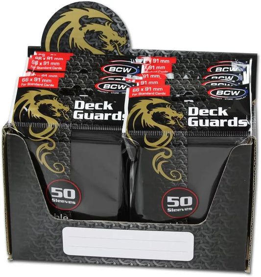 BCW Deck Guards Card Sleeves display box featuring gold dragon logo and double matte finish