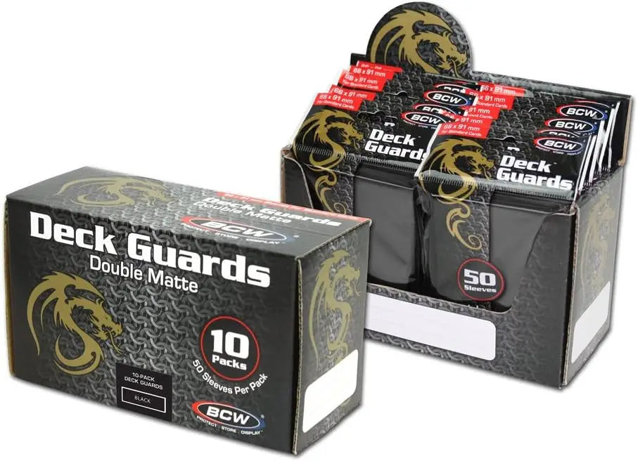 Boxes of Deck Guards Card Sleeves featuring dragon logo designs in Double Matte finish