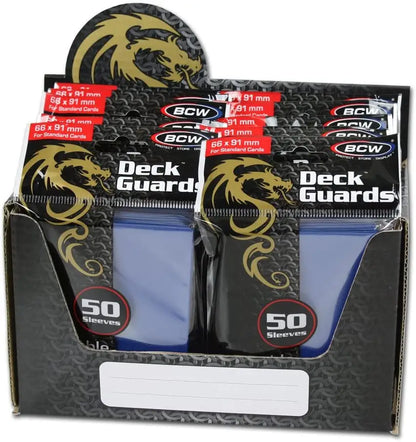 Display box of BCW Deck Guards card sleeves with gold dragon logo, double matte finish