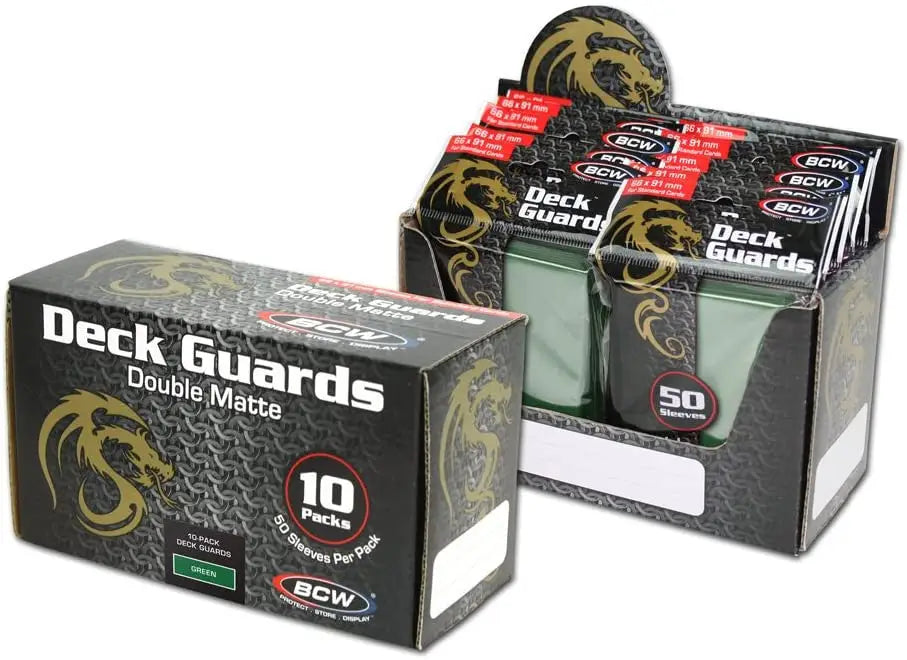 BCW Deck Guards Card Sleeves in Green featuring dragon logo designs, double matte finish