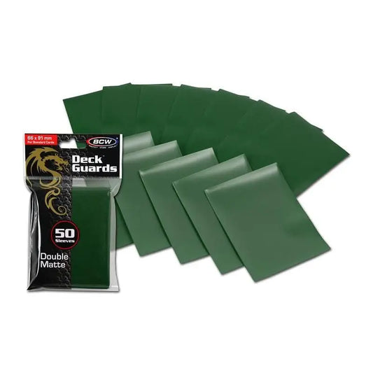 Pack of BCW Deck Guards Card Sleeves in green for protecting trading cards