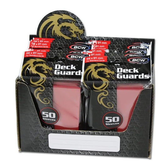 Display box of BCW Deck Guards Card Sleeves in red with gold dragon logo, double matte