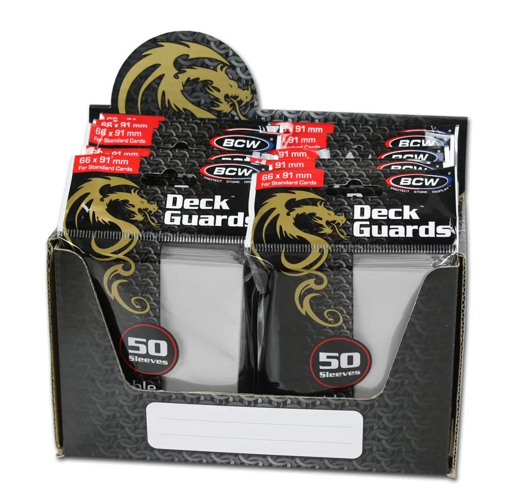 Display box of BCW Deck Guards card sleeves with dragon logo in double matte finish