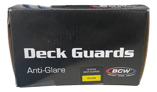 Black cardboard box labeled Deck Guards showcasing BCW Deck Guards Card Sleeves Double Matte