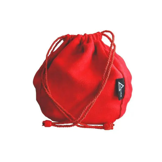 Red BCW Dice Bag with black label, perfect for storing trading cards and collectible items