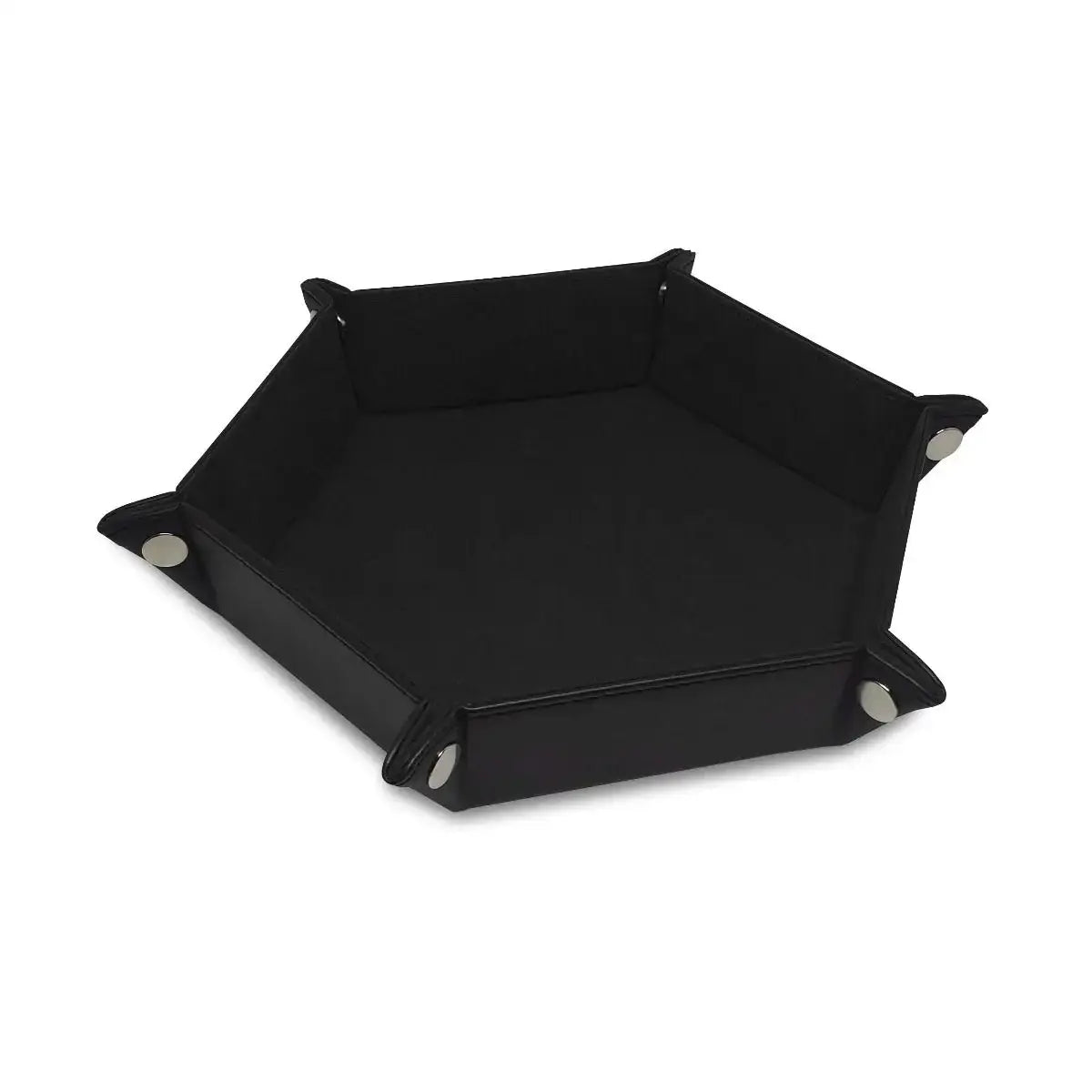 Black hexagonal leather dice tray with snap corners, perfect for organizing trading cards