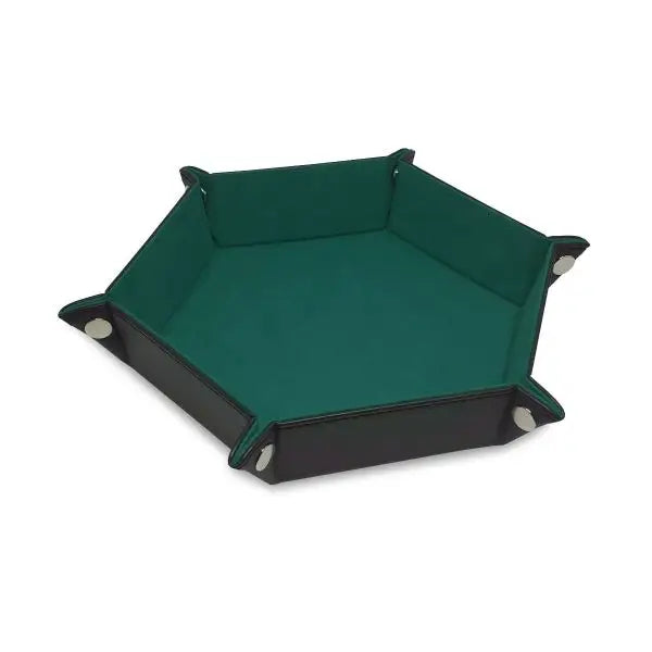 Hexagonal green and black folding dice tray for trading cards and tabletop games