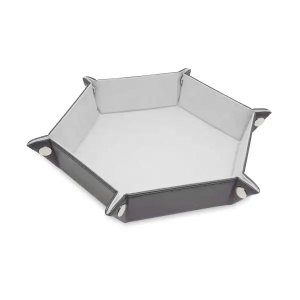 Hexagonal gray folding tray with pinched corners for organizing trading cards and games