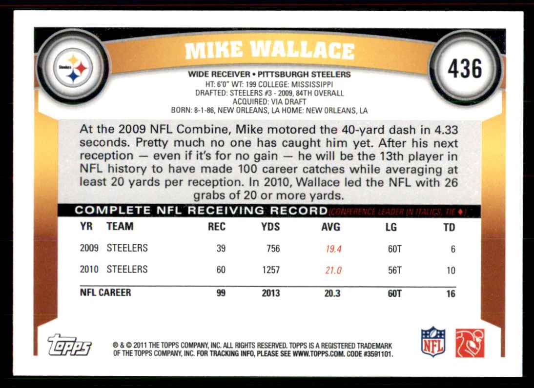 2011 Topps Mike Wallace Pittsburgh Steelers #436