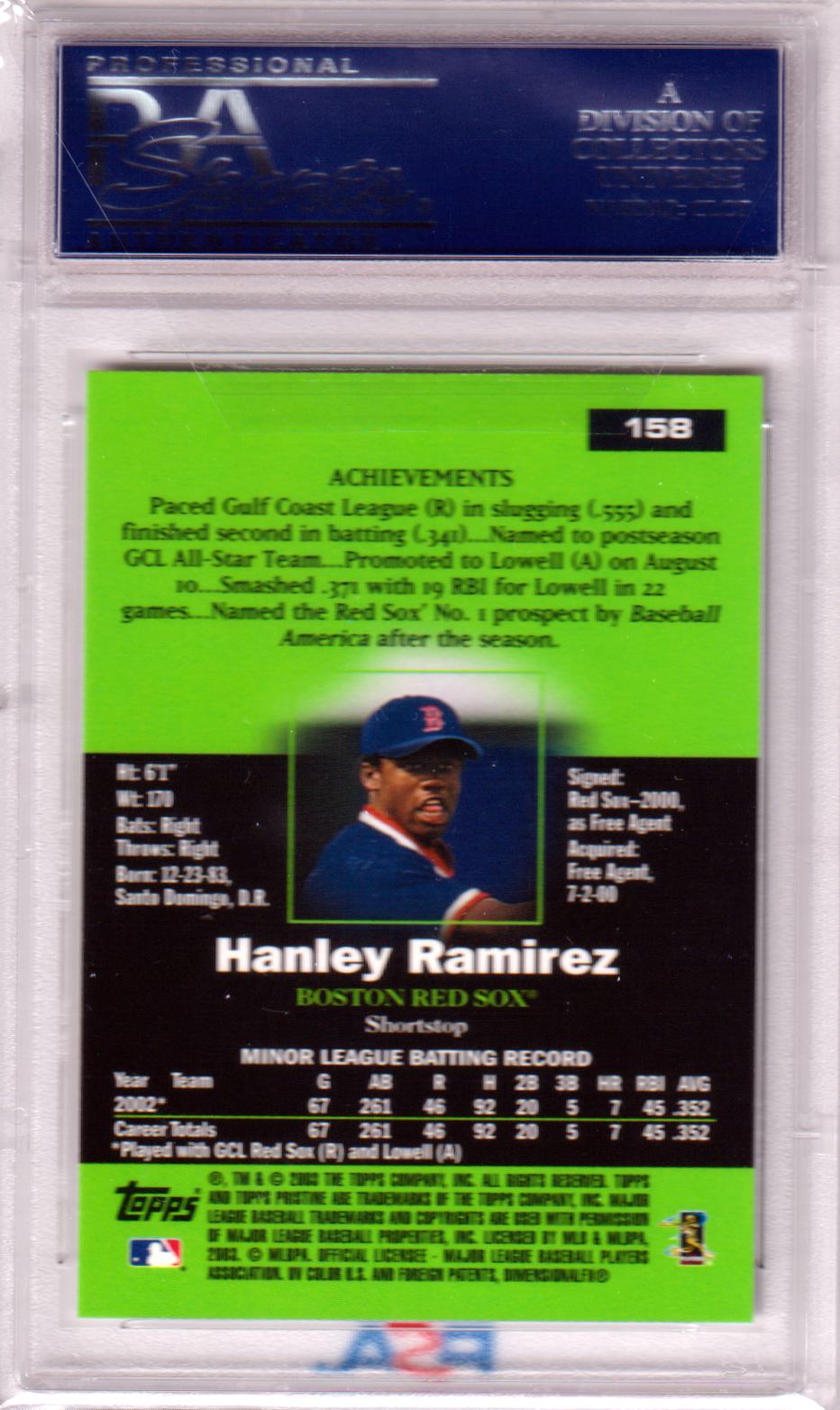 Hanley Ramirez 2003 Topps Pristine #158 PSA 10 GEM MINT card in protective case