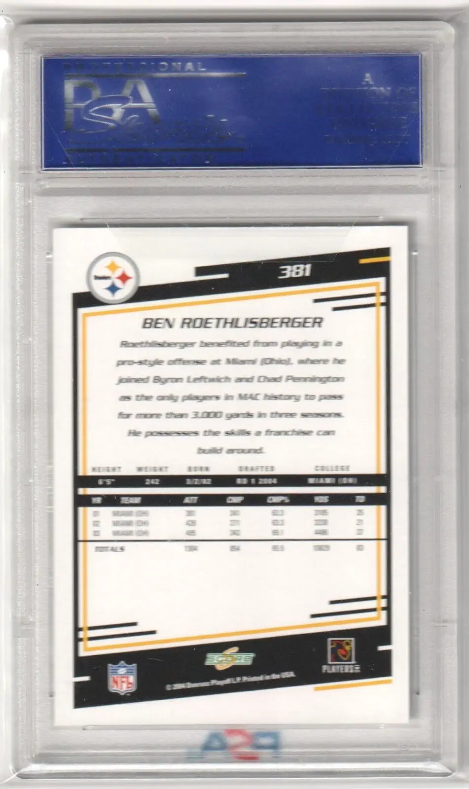 PSA-graded Ben Roethlisberger 2004 Score Glossy RC in protective case from Columbia Hobby