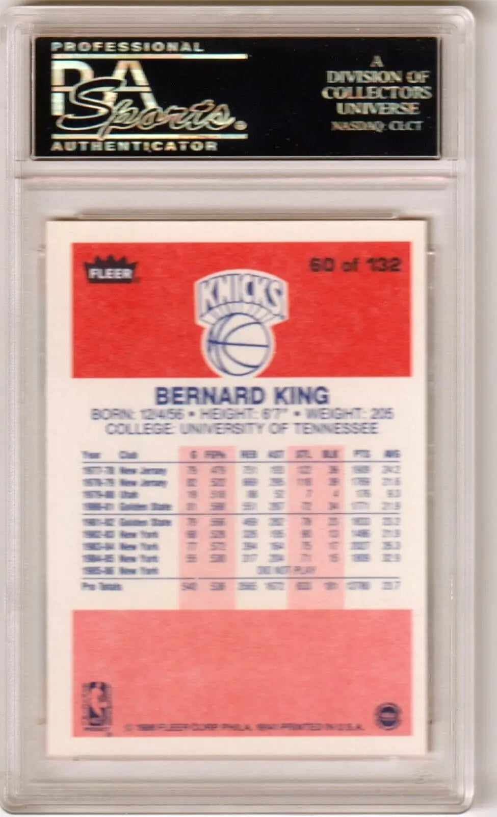 PSA-graded Bernard King 1986-87 Fleer #60 basketball card with Knicks stats, box free shipping