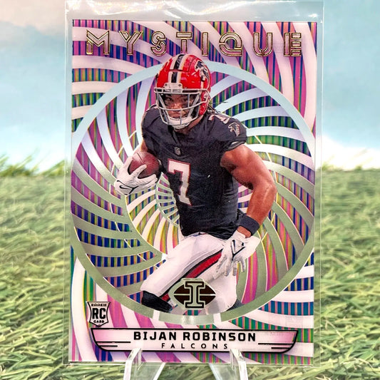 Holographic Bijan Robinson trading card, Mystique Rookie RC in black Falcons uniform