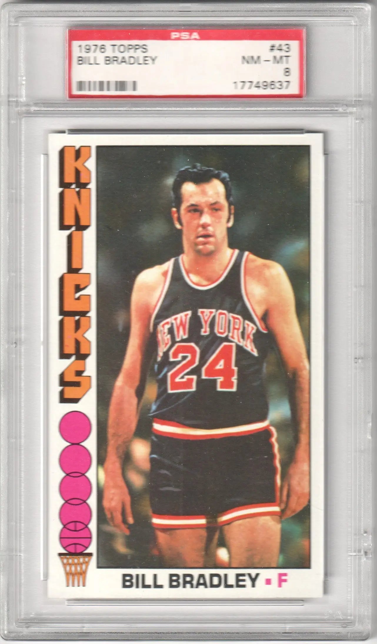 PSA-graded 1976 New York Knicks Bill Bradley trading card in classic road uniform