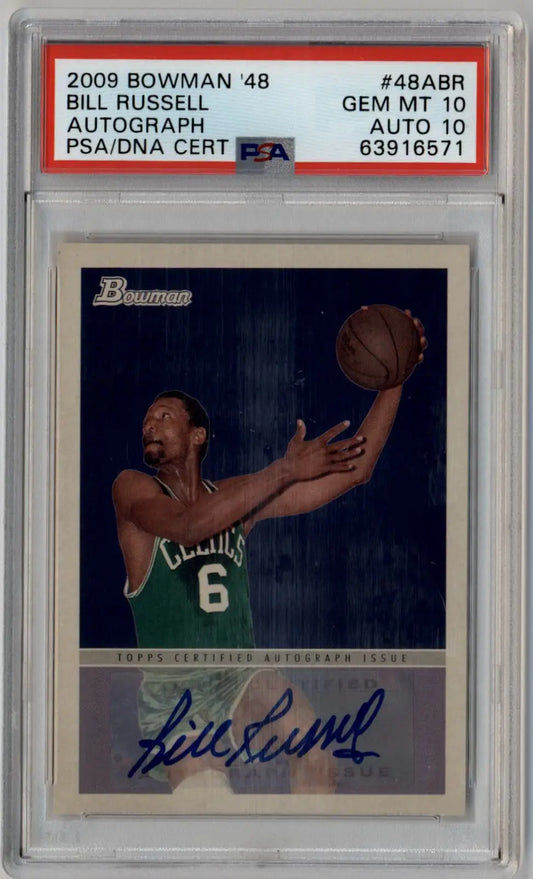 PSA-graded Bill Russell 2009-10 Bowman 48 Auto #48ABR Gem Mint Auto 10 basketball card