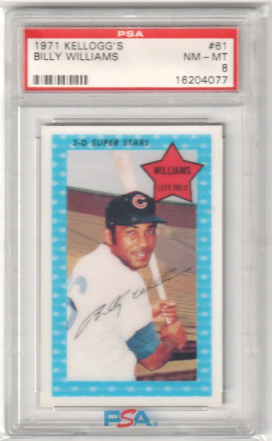 PSA-graded 1971 Kellogg’s Billy Williams Cubs card with blue border at Columbia Hobby