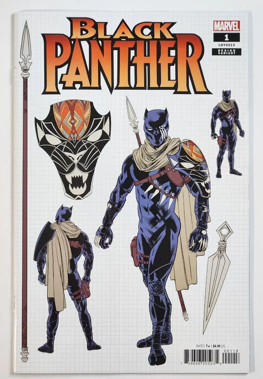 Comic book cover showcasing Black Panther designs and costumes for trading cards collection