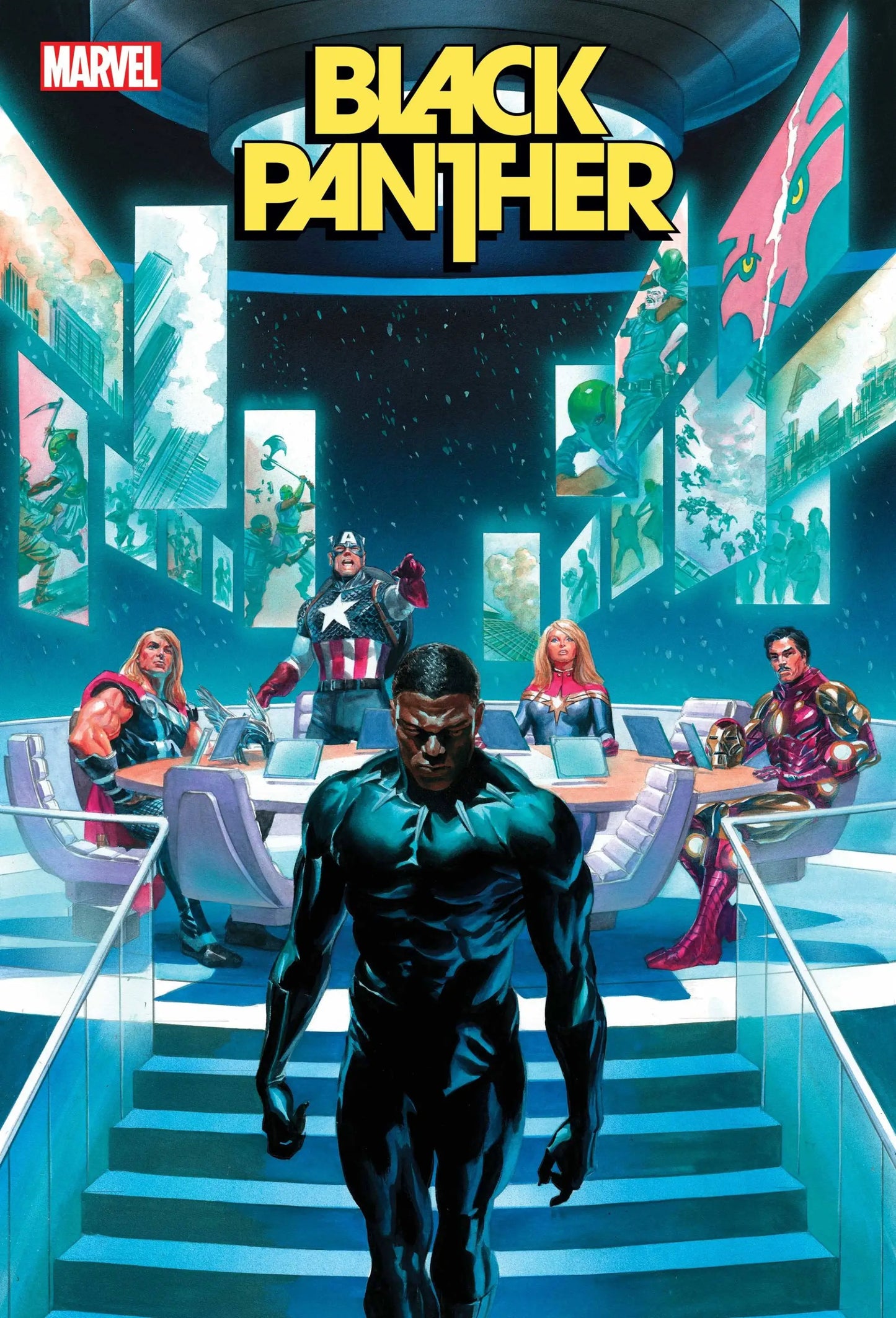 Black Panther #12 comic book cover with the hero on illuminated stairs and Marvel characters