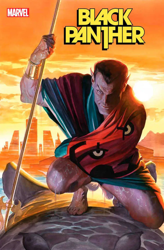 Comic book cover of Black Panther #14 with superhero holding spear against orange sky