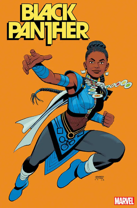 Comic book-style illustration of a young female Black Panther superhero in blue and white