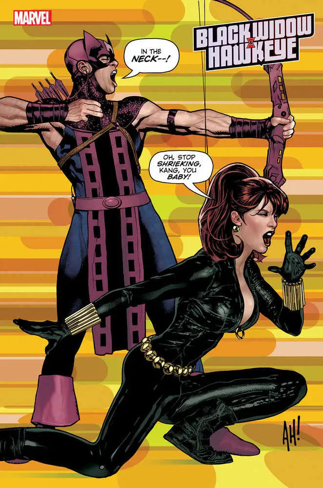 Comic book artwork of Black Widow and Hawkeye in action poses for trading cards