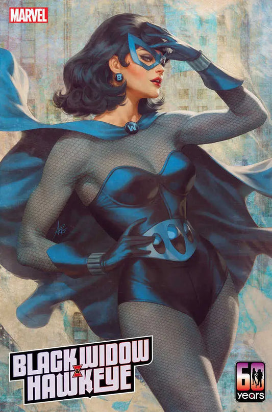 Comic book cover art featuring Black Widow in a black and blue superhero costume