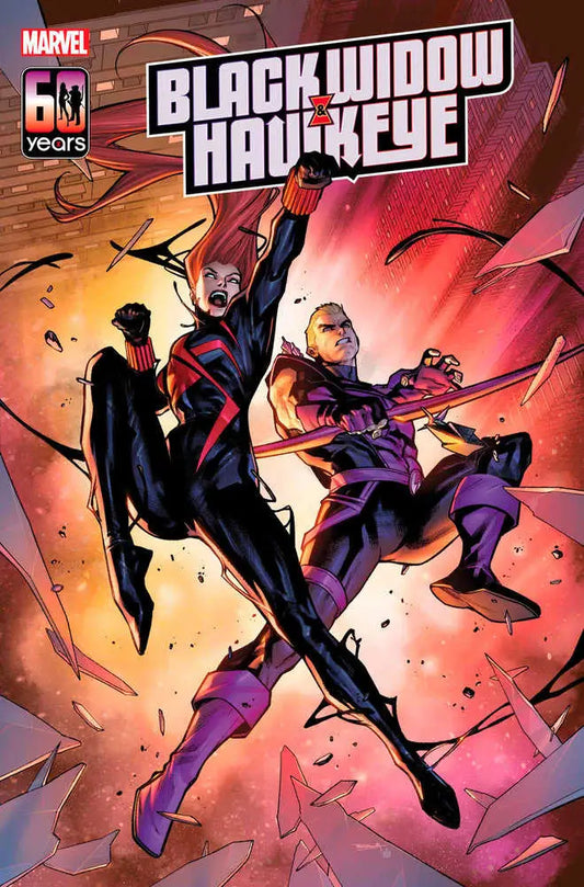 Comic book cover of Black Widow and Hawkeye in action against a red backdrop