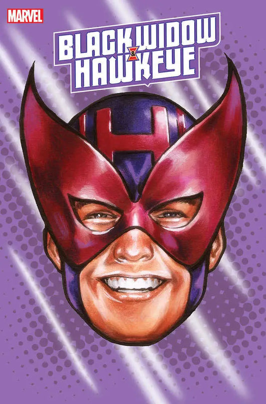 Purple and red superhero mask with H-shaped design for Black Widow trading cards