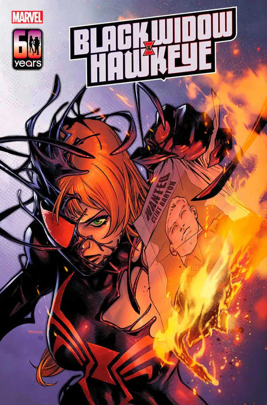 Comic book cover of Black Widow & Hawkeye #2 with dramatic action and flames, ideal for trading cards