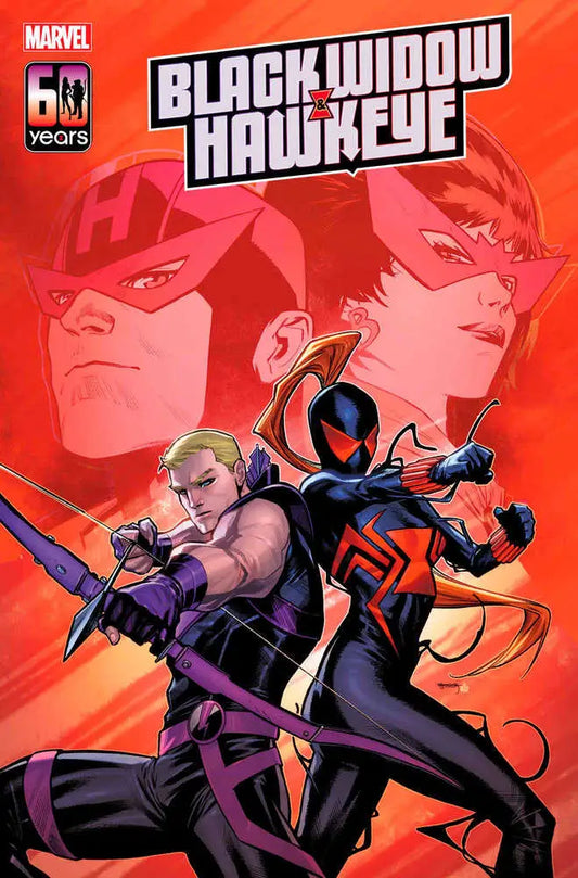 Comic book cover of Black Widow and Hawkeye in action on red background for trading cards