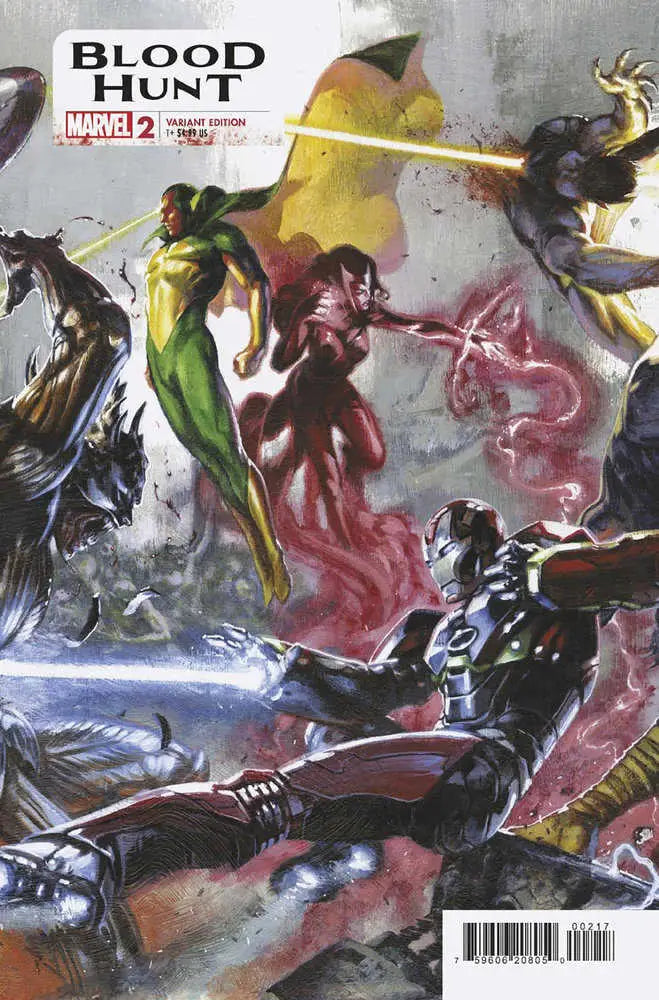 Blood Hunt #2 cover with Marvel superheroes in combat using energy beams and powers