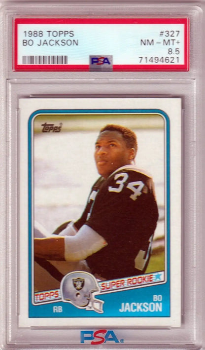 PSA-graded 1988 Topps Raiders rookie card of Bo Jackson in protective case, Columbia Hobby