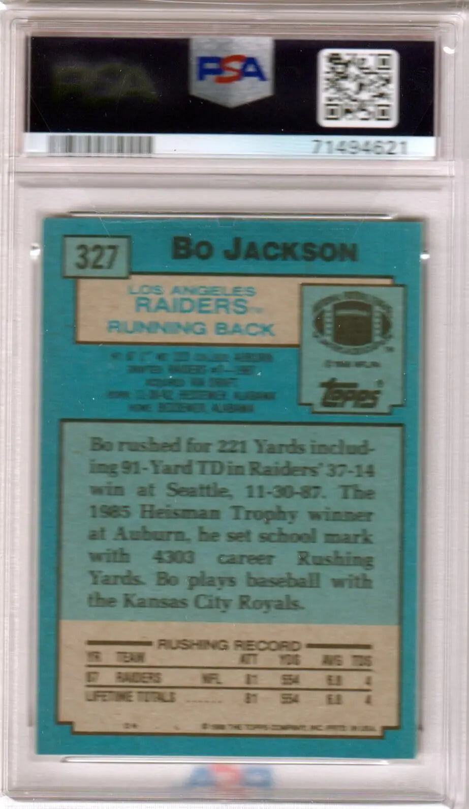 1986 Topps Bo Jackson rookie card in PSA case, single cards at Columbia Hobby, box free shipping