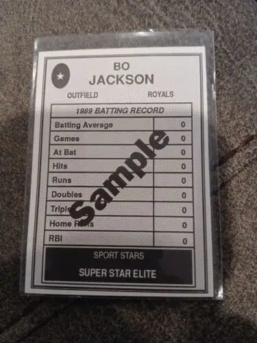 Bo Jackson baseball card from 1989 featuring Kansas City Royals Super Star Elite Sample