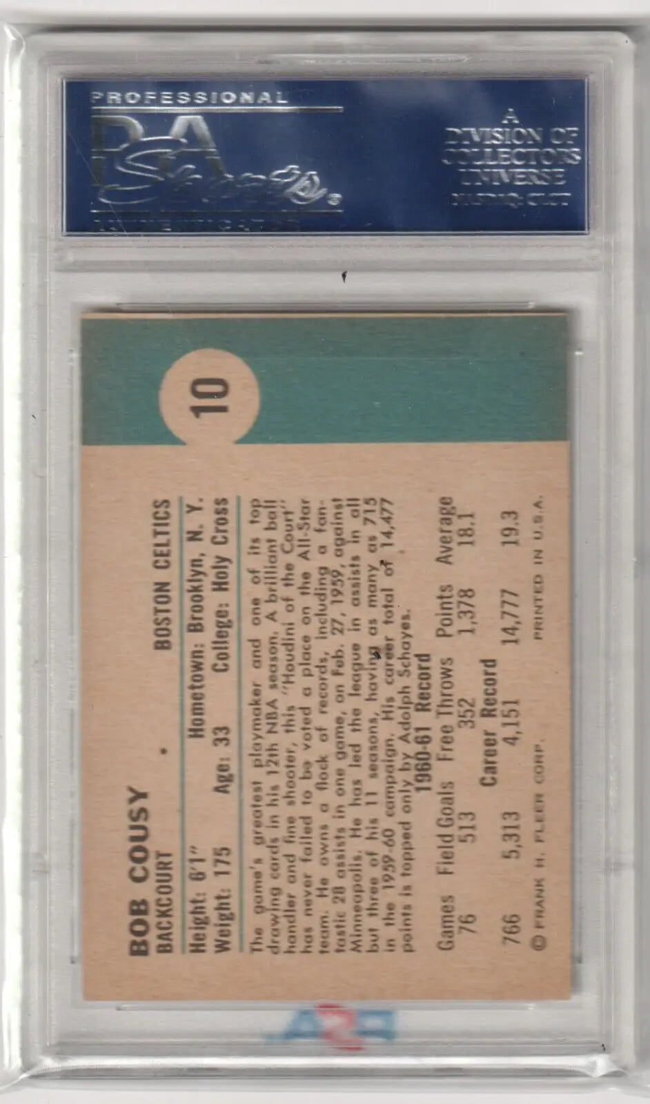 Back side of BOB COUSY 1961-62 Fleer #10 Graded PSA 6 in professional grading holder