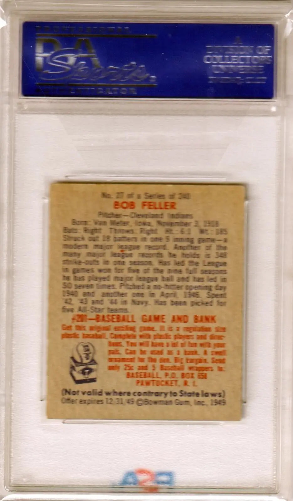 PSA-graded Bob Feller 1949 Bowman #27 card in protective holder from Columbia Hobby